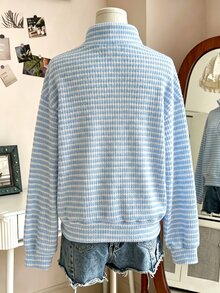 SHEIN 青少年女孩休閒條紋針織衛衣，時尚寬鬆半拉鍊套頭長袖上衣，舒適秋冬女孩服飾 - 藍色 - 查看 2