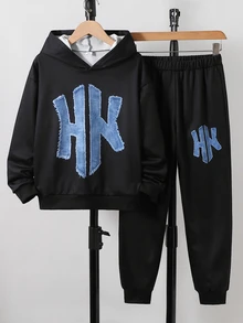 SHEIN 2件組青少年男孩連帽長袖運動衫套裝，黑色丹寧風數位印花字母運動衫與慢跑褲，日常/校園穿搭 - 黑色 - 查看 3