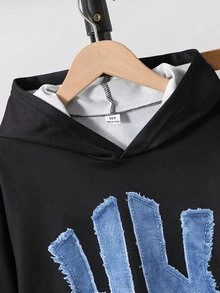 SHEIN 2件組青少年男孩連帽長袖運動衫套裝，黑色丹寧風數位印花字母運動衫與慢跑褲，日常/校園穿搭 - 黑色 - 查看 4