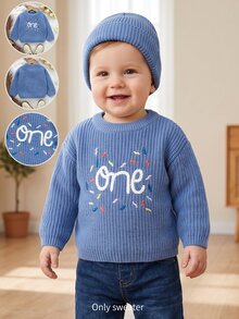 Souflis Souflis 幼兒嬰兒針織毛衣，柔軟舒適羅紋，刺繡 1 歲生日套頭衫，可愛休閒中性童裝，柔軟舒適，溫暖秋季與冬季 - 霧霾藍 - 查看 1