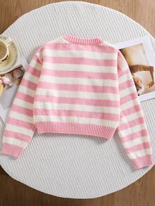 SHEIN Tween Girl Striped Pattern Button Front Cardigan - Pink - View 2