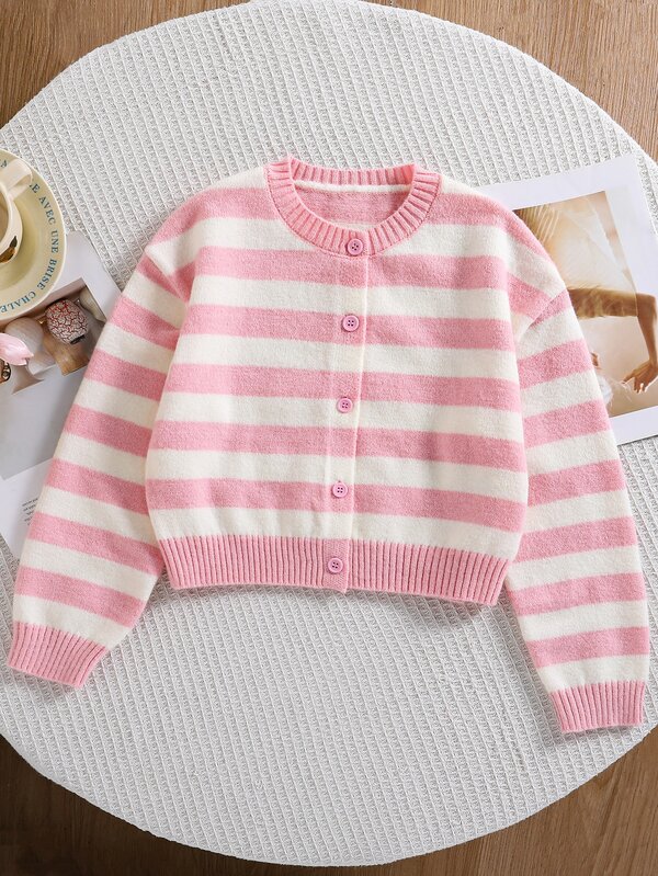SHEIN Cardigan Kancing Depan Bermotif Garis-garis untuk Anak Perempuan Remaja