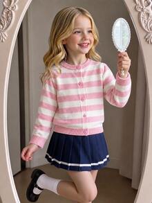 SHEIN Tween Girl Striped Pattern Button Front Cardigan - Pink - View 7