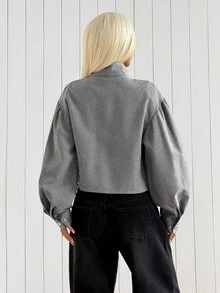 SHEIN EZwear 灰色立領燈籠袖短版夾克 女款 教師節 辦公室 日常 商務 學生之夜 秋季 優雅休閒 - 灰色 - 查看 3