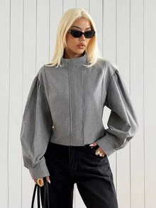 SHEIN EZwear 灰色立領燈籠袖短版夾克 女款 教師節 辦公室 日常 商務 學生之夜 秋季 優雅休閒 - 灰色 - 查看 6