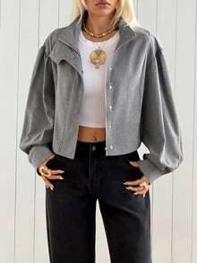SHEIN EZwear 灰色立領燈籠袖短版夾克 女款 教師節 辦公室 日常 商務 學生之夜 秋季 優雅休閒 - 灰色 - 查看 4
