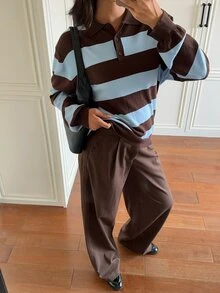 SHEIN EZwear Women's Vintage Casual Preppy Fashion Button Half-Placket Long Sleeve Striped Sweater School Everyday Brown Stripe Fall - Multicolor - View 8