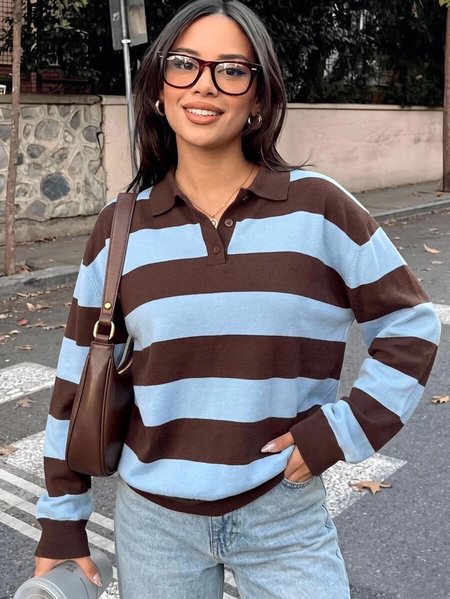 SHEIN EZwear Women's Vintage Casual Preppy Fashion Button Half-Placket Long Sleeve Striped Sweater School Everyday Brown Stripe Fall