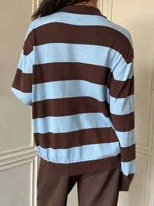 SHEIN EZwear Women's Vintage Casual Preppy Fashion Button Half-Placket Long Sleeve Striped Sweater School Everyday Brown Stripe Fall - Multicolor - View 3