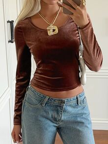 SHEIN EZwear 女款純色修身百搭日常長袖T恤 深棕色 秋冬休閒優雅 外出約會穿搭 - 摩卡棕 - 查看 7