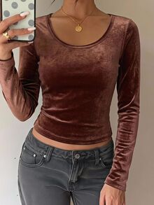 SHEIN EZwear 女款純色修身百搭日常長袖T恤 深棕色 秋冬休閒優雅 外出約會穿搭 - 摩卡棕 - 查看 1