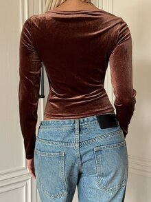 SHEIN EZwear 女款純色修身百搭日常長袖T恤 深棕色 秋冬休閒優雅 外出約會穿搭 - 摩卡棕 - 查看 3