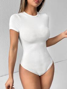 SHEIN PETITE Women Solid Color Round Neck Short Sleeve Simple Bodysuit, Casual For Daily Wear ,Petite Women - White - View 7