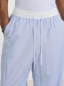 TOKVUE Plus Size Men's Striped Colorblock Drawstring Waist Casual Pants With Pockets - Blue and White - View 5