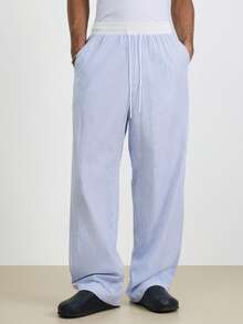TOKVUE Plus Size Men's Striped Colorblock Drawstring Waist Casual Pants With Pockets - Blue and White - View 3