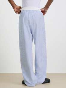 TOKVUE Plus Size Men's Striped Colorblock Drawstring Waist Casual Pants With Pockets - Blue and White - View 2