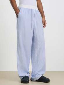 TOKVUE Plus Size Men's Striped Colorblock Drawstring Waist Casual Pants With Pockets - Blue and White - View 1