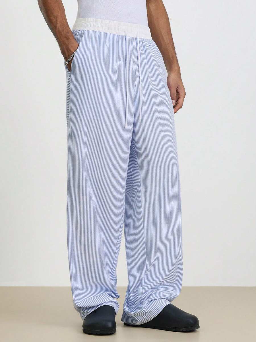 TOKVUE Plus Size Men's Striped Colorblock Drawstring Waist Casual Pants With Pockets - Blue and White - View 1