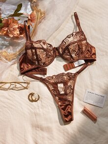 LuxeNights Rose Embroidered Lace Women's Sexy Lingerie Set, Adjustable Shoulder Straps Underwire Bra & Thong Sexy 2-Piece Set - Coffee Brown - View 5