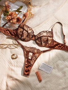 LuxeNights Rose Embroidered Lace Women's Sexy Lingerie Set, Adjustable Shoulder Straps Underwire Bra & Thong Sexy 2-Piece Set - Coffee Brown - View 3