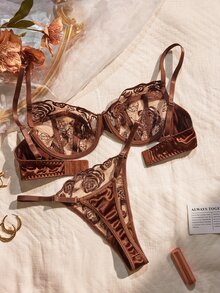 LuxeNights Rose Embroidered Lace Women's Sexy Lingerie Set, Adjustable Shoulder Straps Underwire Bra & Thong Sexy 2-Piece Set - Coffee Brown - View 2