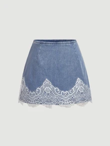 SHEIN MOD تنورة جينز مقاس كبير مع تطريز دانتيل - الأزرق - مشاهدة 3