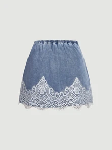 SHEIN MOD تنورة جينز مقاس كبير مع تطريز دانتيل - الأزرق - مشاهدة 2