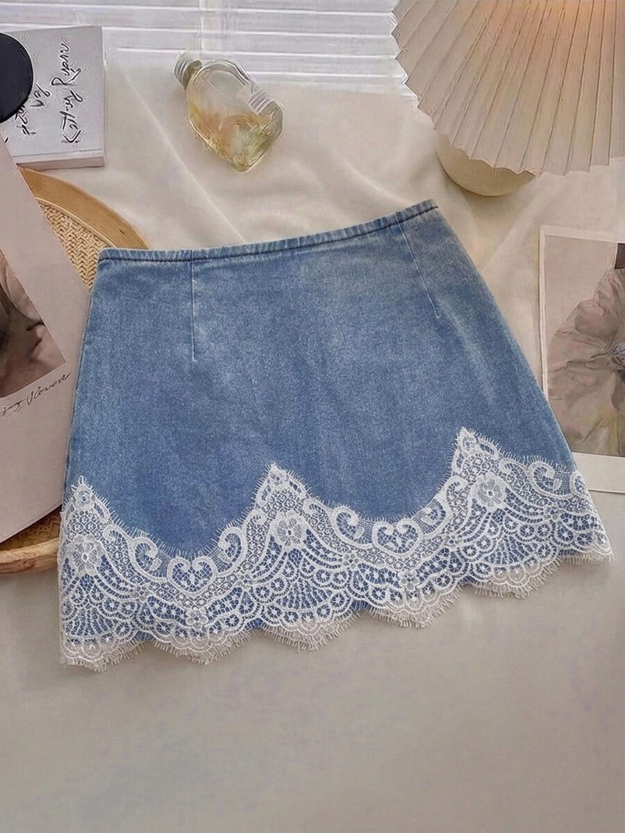 SHEIN MOD تنورة جينز مقاس كبير مع تطريز دانتيل - الأزرق - مشاهدة 1