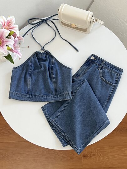 Mori Grove Mori Grove Festival Standard Size Denim Women's Summer Light Blue Non-Stretch Halter Neck 2 Pieces Set Clothes Everyday Vacation Going Out Streetwear Casual