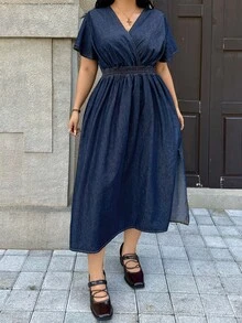 Rivivi Gaun Denim Slim Fit Biru Non-Stretch Ukuran Plus Wanita Gaya Boho - Dark Wash - View 5