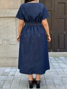 Rivivi Gaun Denim Slim Fit Biru Non-Stretch Ukuran Plus Wanita Gaya Boho - Dark Wash - View 2