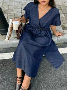 Rivivi Gaun Denim Slim Fit Biru Non-Stretch Ukuran Plus Wanita Gaya Boho - Dark Wash - View 1
