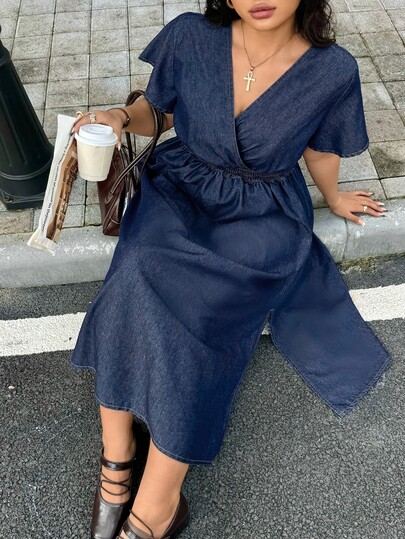 Rivivi Boho Plus Size Women's Blue Non-Stretch Slim Fit Denim Dress