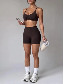 Dewbera Dewbera Women's Ruched Camisole Top And Butt-Lifting Shorts Athletic Tight Set - Coffee Brown - View 1