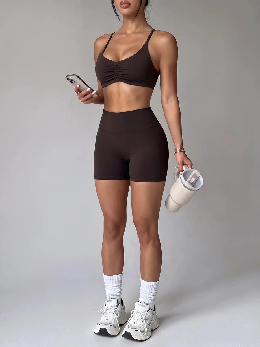 Dewbera Dewbera Women's Ruched Camisole Top And Butt-Lifting Shorts Athletic Tight Set - Coffee Brown - View 1