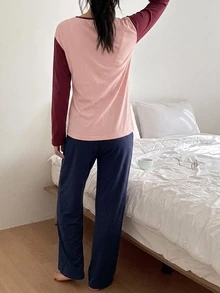 DAZY 休閒撞色落肩袖寬鬆短袖長版上衣 2 件套夏季女款居家服套裝 - 粉色 - 查看 2