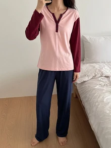 DAZY 休閒撞色落肩袖寬鬆短袖長版上衣 2 件套夏季女款居家服套裝 - 粉色 - 查看 5