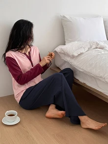 DAZY 休閒撞色落肩袖寬鬆短袖長版上衣 2 件套夏季女款居家服套裝 - 粉色 - 查看 1