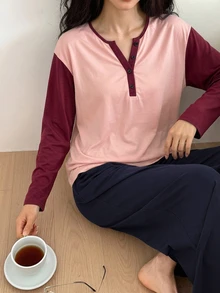 DAZY 休閒撞色落肩袖寬鬆短袖長版上衣 2 件套夏季女款居家服套裝 - 粉色 - 查看 4