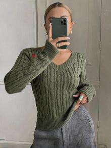 DAZY Women's Contrast Pattern Embroidered Fitted Deep V-Neck Long Sleeve Elegant Sexy Vacation Spring/Autumn Pullover Knit Sweater - Green - View 8