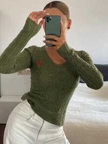 DAZY Women's Contrast Pattern Embroidered Fitted Deep V-Neck Long Sleeve Elegant Sexy Vacation Spring/Autumn Pullover Knit Sweater - Green - View 9