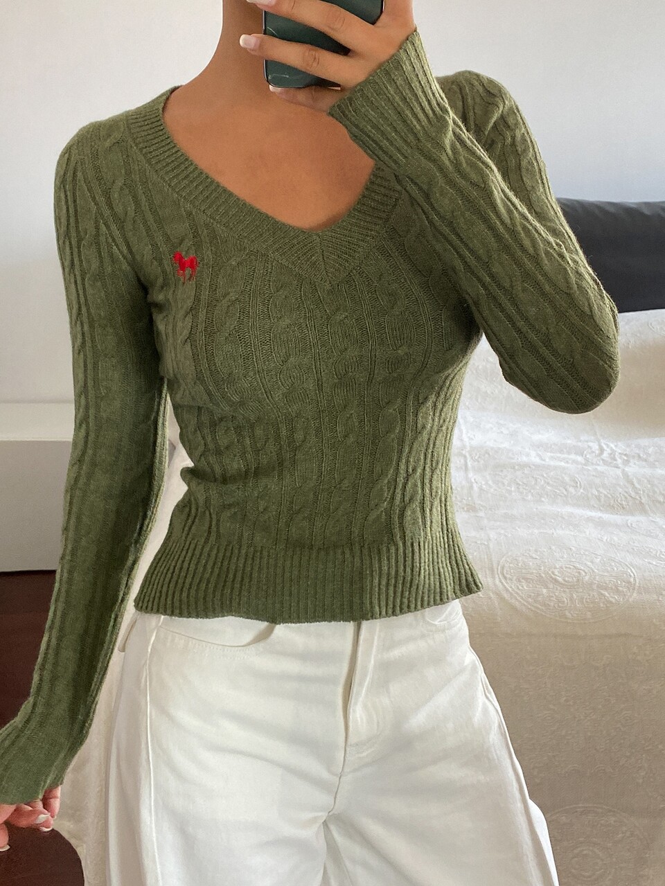 Women's Contrast Pattern Embroidered Fitted Deep V-Neck Long Sleeve Elegant Sexy Vacation Spring/Autumn Pullover Knit Sweater