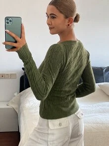 DAZY Women's Contrast Pattern Embroidered Fitted Deep V-Neck Long Sleeve Elegant Sexy Vacation Spring/Autumn Pullover Knit Sweater - Green - View 4