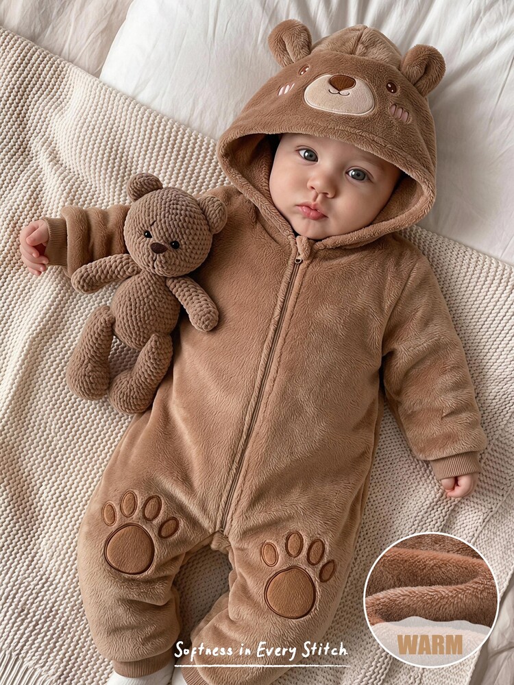 Cozy Pixies Kids Baby Boy Baby Girl Cartoon Bear Pattern 3D Ears Hooded Thermal Lined Medium Thick One-Piece Long Pants - Multicolor - View 1