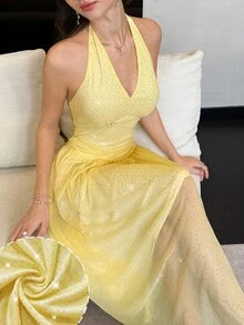 Modelyn 優雅時尚無袖V領水鑽褶皺腰部喇叭中長洋裝，法式度假派對黃色夏季款 - 黃色 - 查看 7