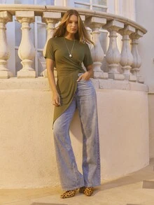 Aralina Women Olive Green Asymmetric Slanted Hem Draped Short Sleeve Tunic Top Casual Going Out Brunch Night Holiday Rave Party Outfit Summer - Olive Green - View 8