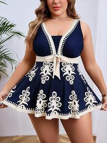SHEIN Swim Curve Plus Size Color Block Print Sleeveless Swimsuit Dress For Summer Beach Vacation - Multicolor - View 6