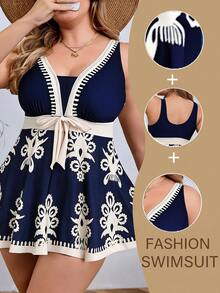 SHEIN Swim Curve Plus Size Color Block Print Sleeveless Swimsuit Dress For Summer Beach Vacation - Multicolor - View 2