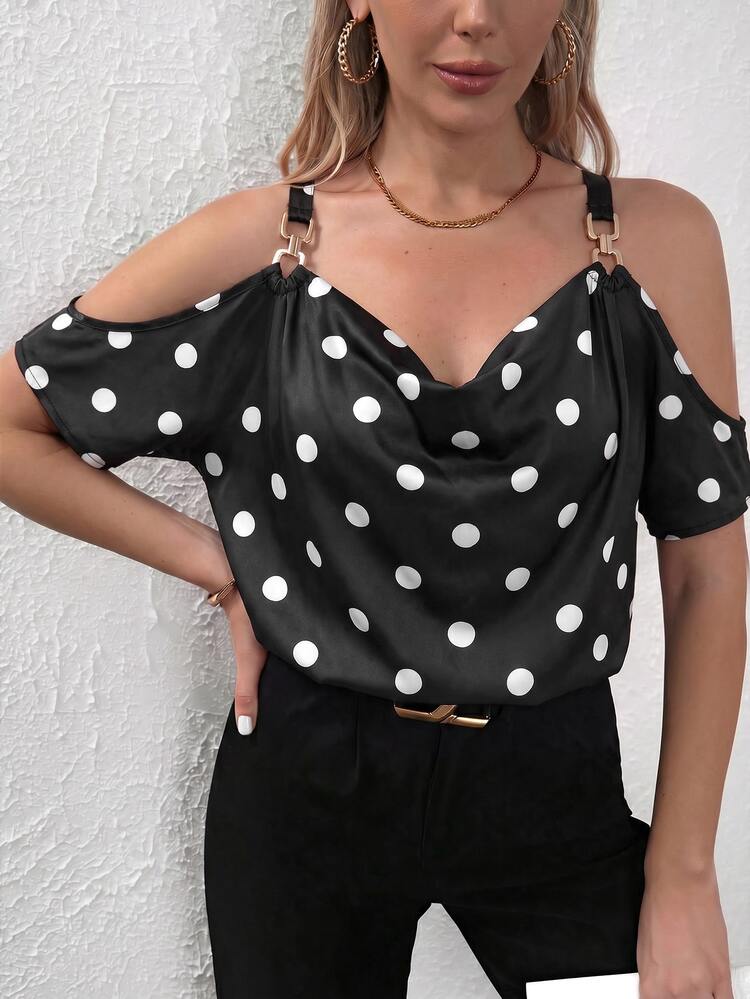 SHEIN Clasi Allover Print Cold Shoulder Chain Detail Blouse Off Shoulder Top - Black and White - View 4