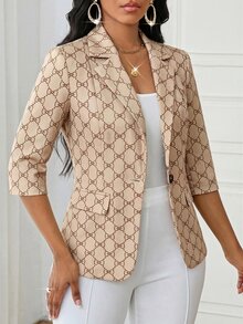 SHEIN Lady 女士蝴蝶结图案翻领七分袖薄款西装外套 - 彩色 - 查看 5